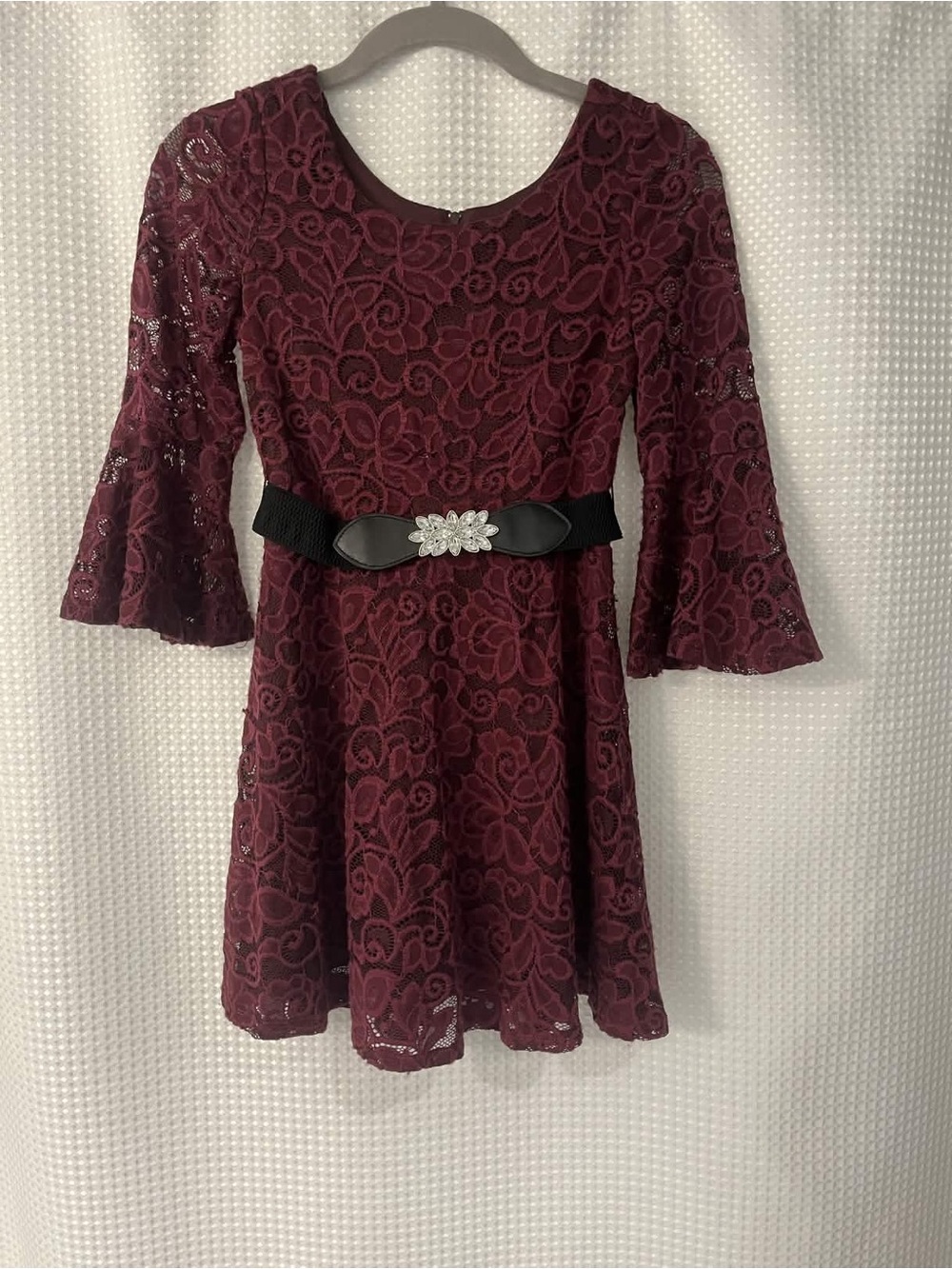 BCX Girl Burgundy Lace Fit-and-Flare Dress with Decorative Belt